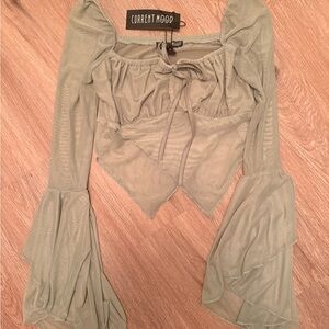 Current Mood Sage Mesh Tie-Front Bell Sleeve Crop Top